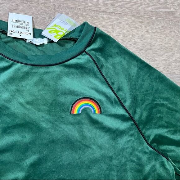 Nordstrom BP Rainbow Embroidery Velour Sweatshirt Raglan Sleeve Top Green S - Picture 6 of 9